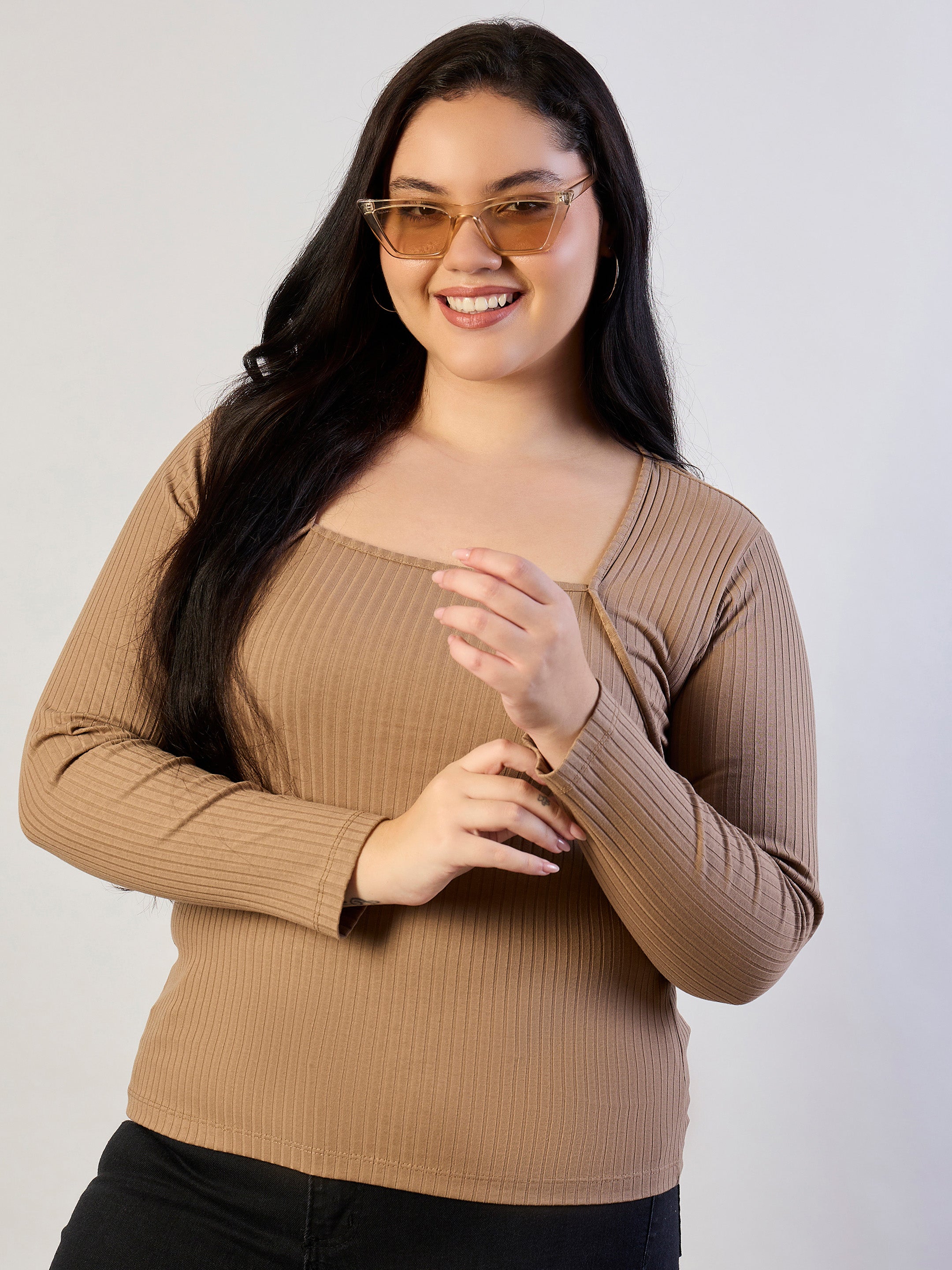 Women Beige Empire Neck Rib Top-SFTOPS42469