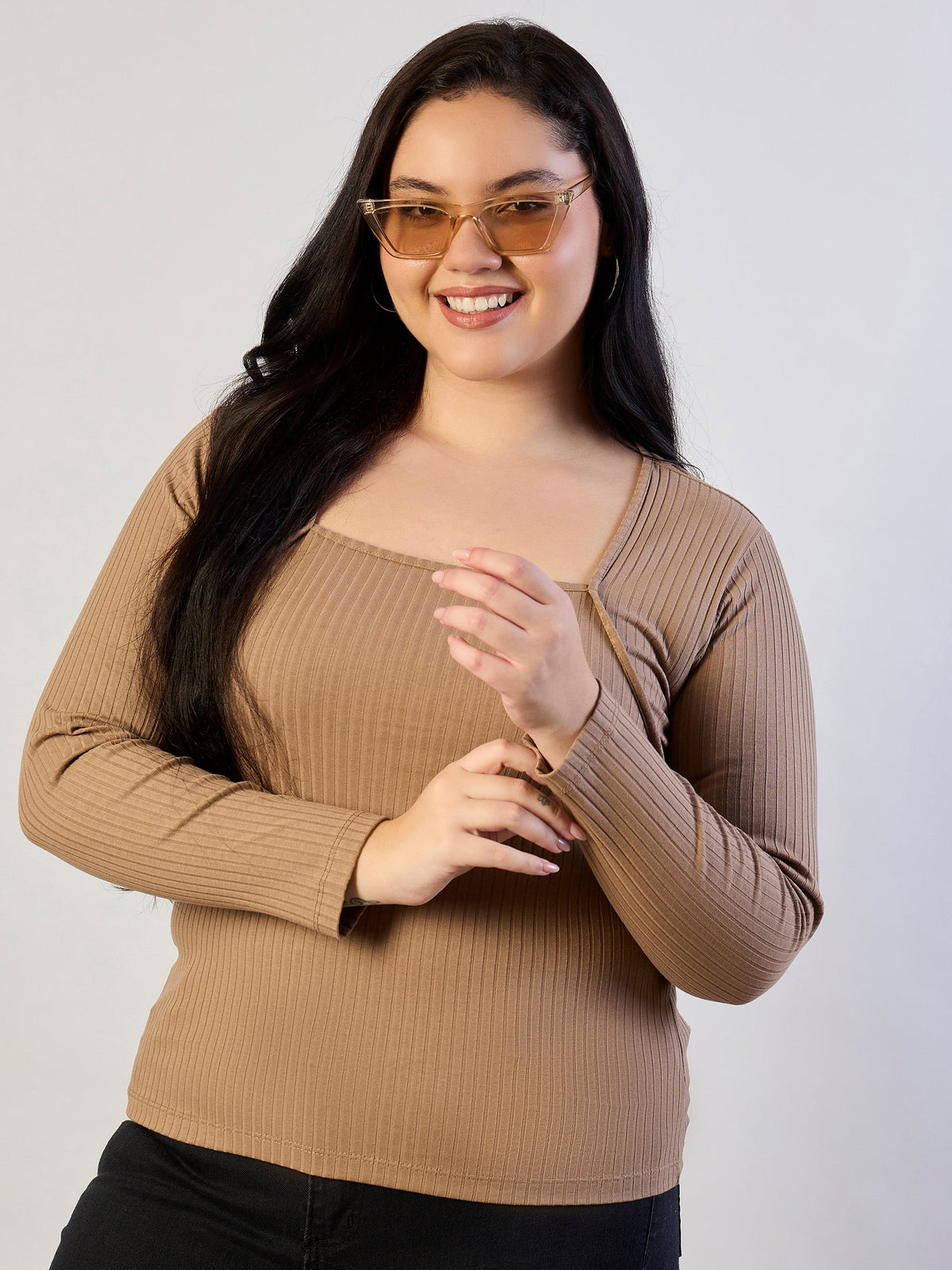 Women Beige Empire Neck Rib Top-SFTOPS42469