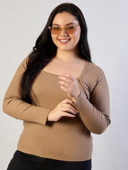 Women Beige Empire Neck Rib Top-SFTOPS42469