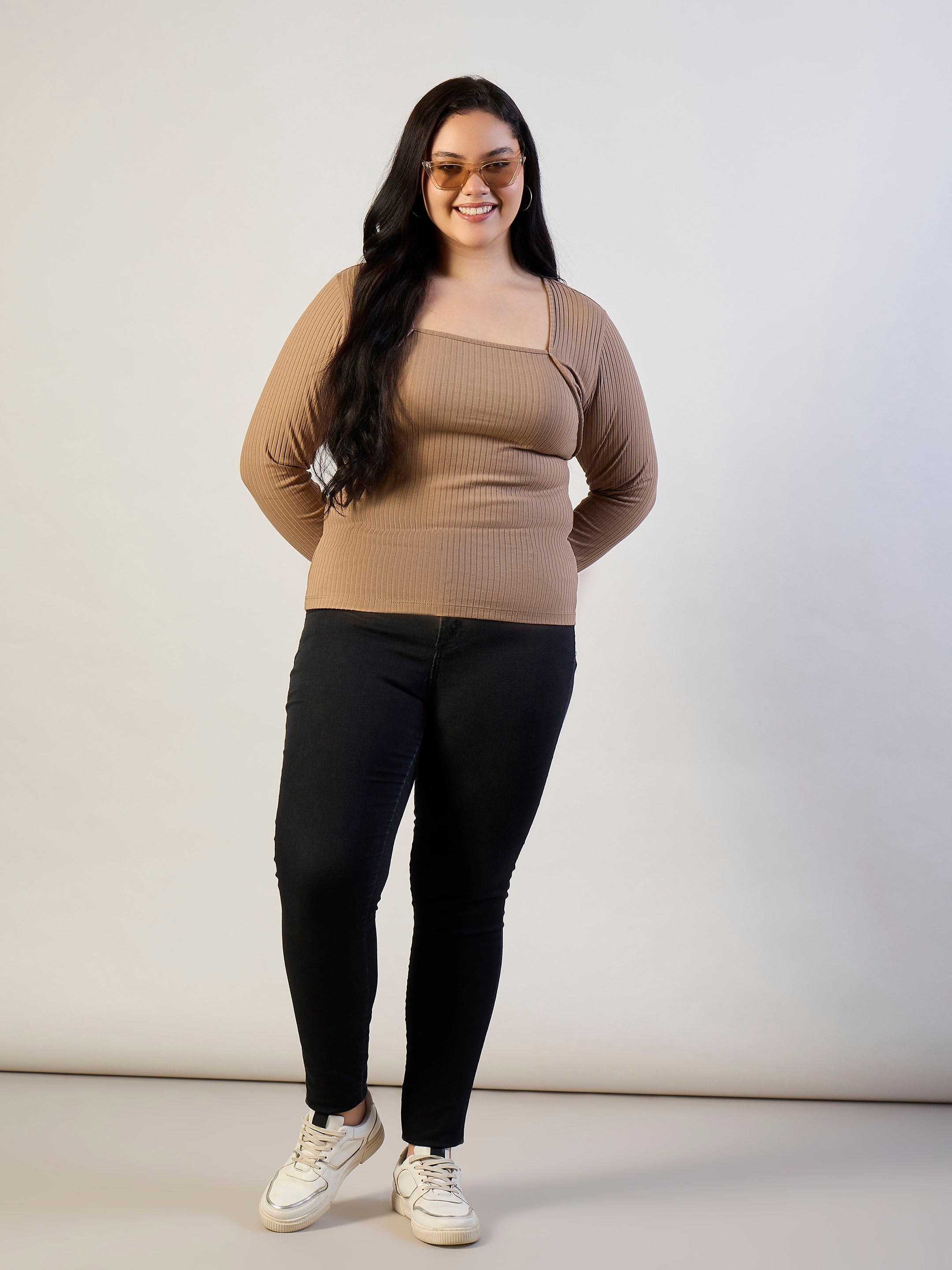 Women Beige Empire Neck Rib Top-SFTOPS42469
