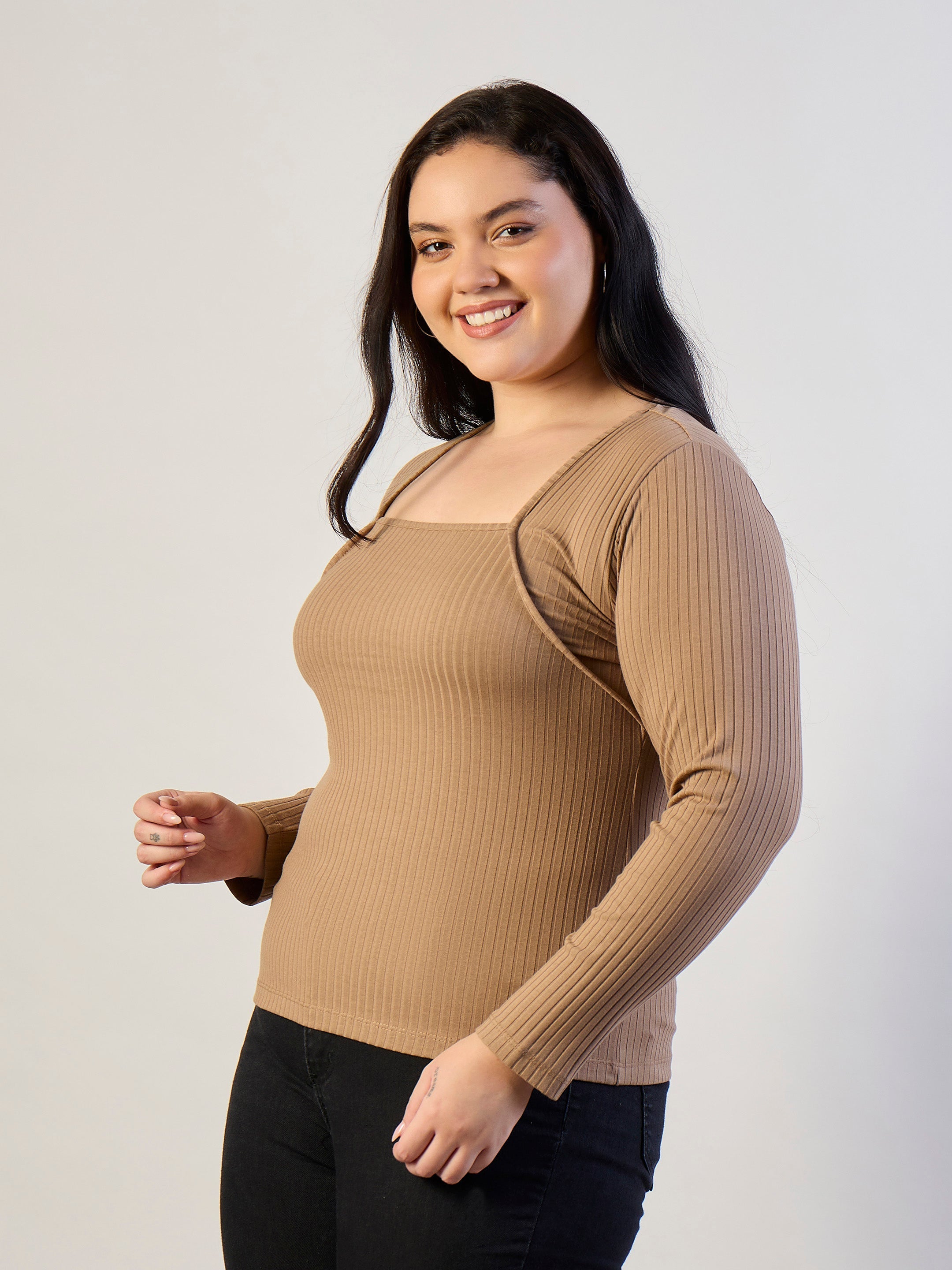 Women Beige Empire Neck Rib Top-SFTOPS42469