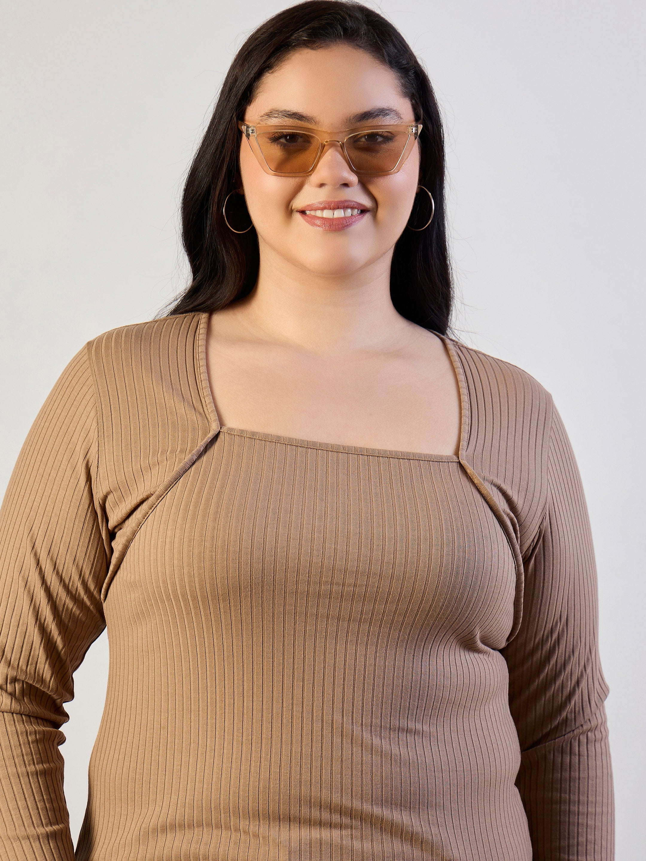 Women Beige Empire Neck Rib Top-SFTOPS42469