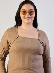 Women Beige Empire Neck Rib Top-SFTOPS42469