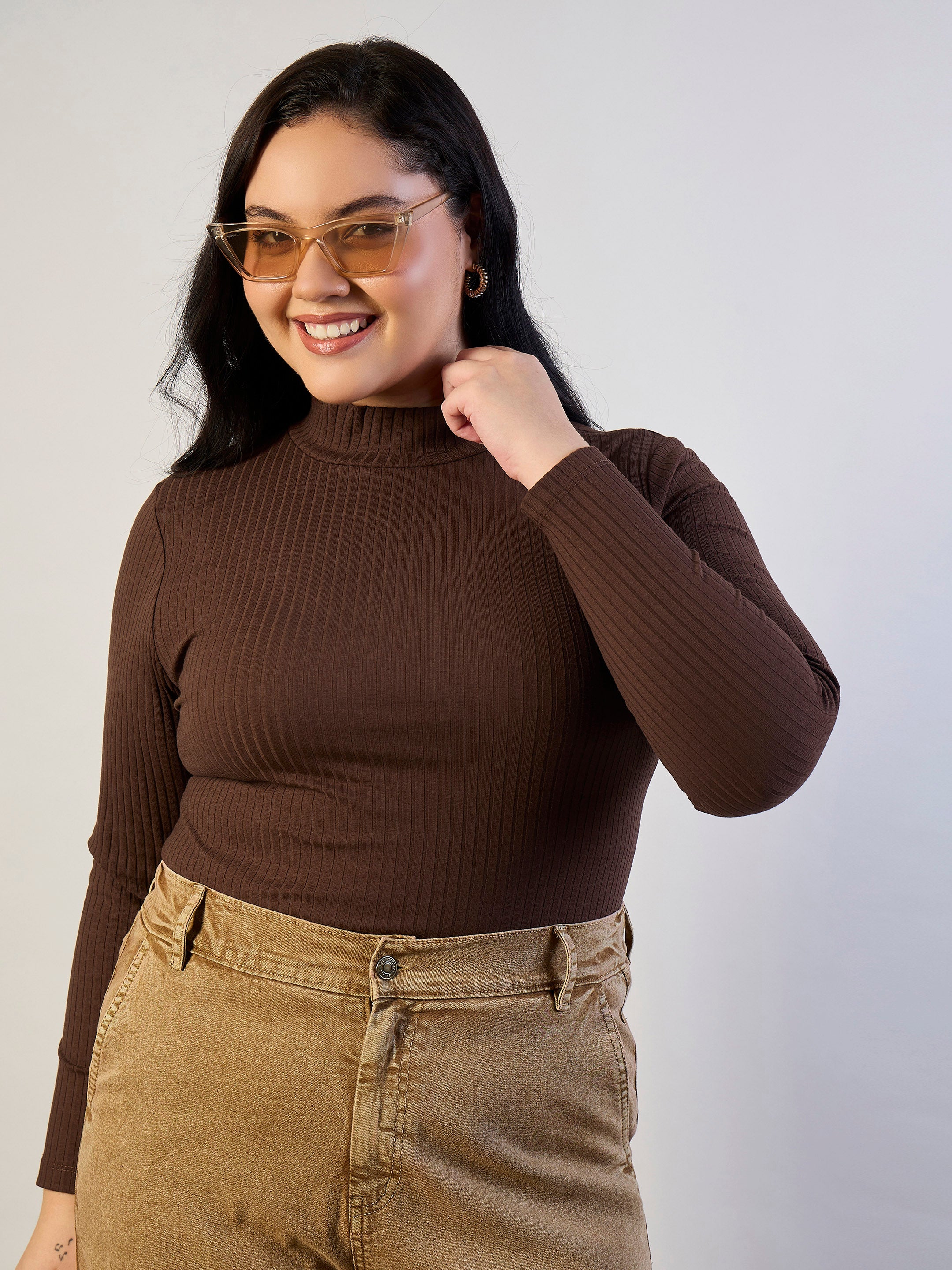 Women Brown High Neck Rib Top-SFTOPS42470