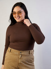 Women Brown High Neck Rib Top-SFTOPS42470