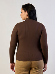 Women Brown High Neck Rib Top-SFTOPS42470