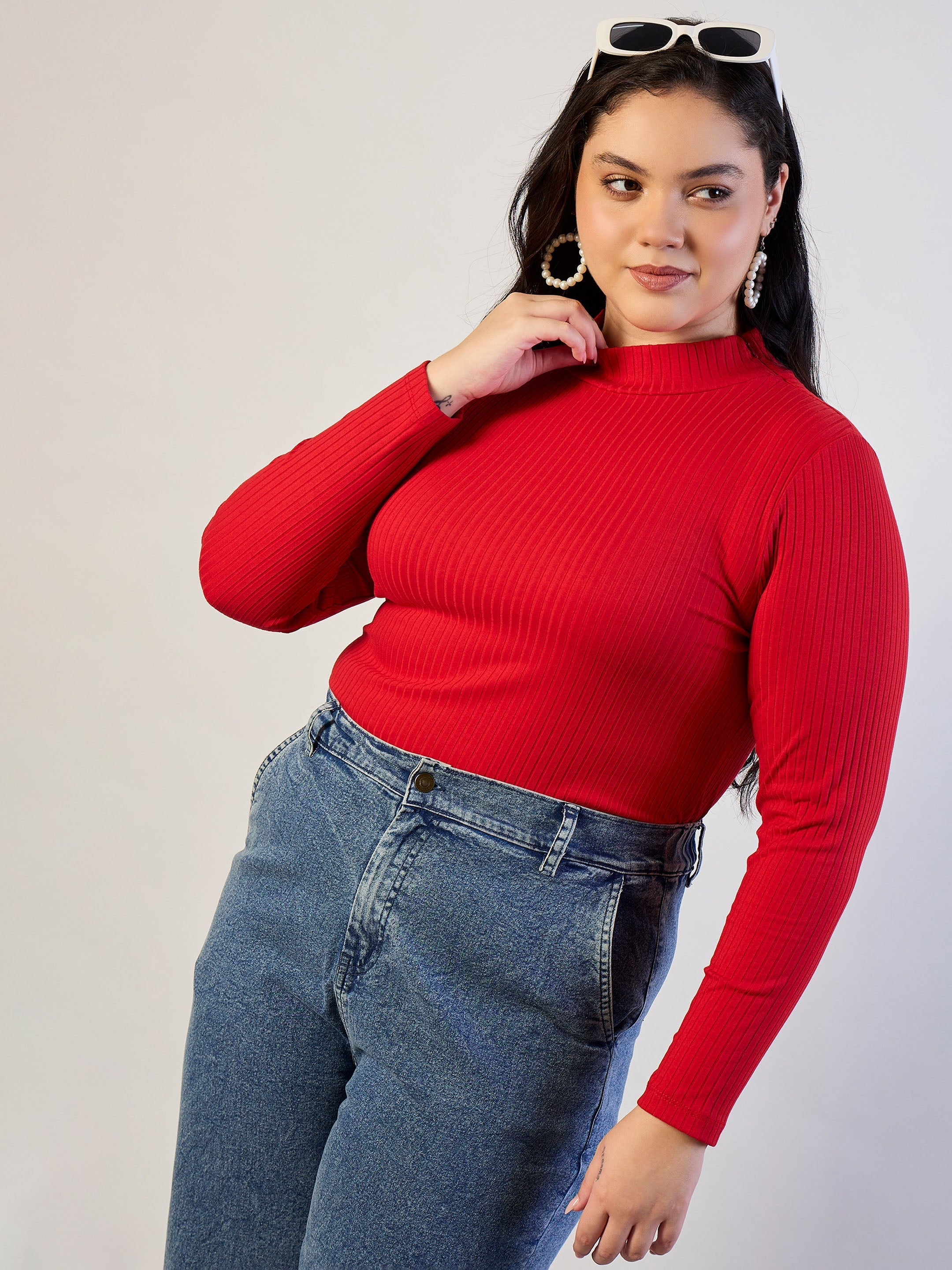 Women Red High Neck Rib Top-SFTOPS42471