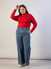 Women Red High Neck Rib Top-SFTOPS42471