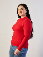 Women Red High Neck Rib Top-SFTOPS42471