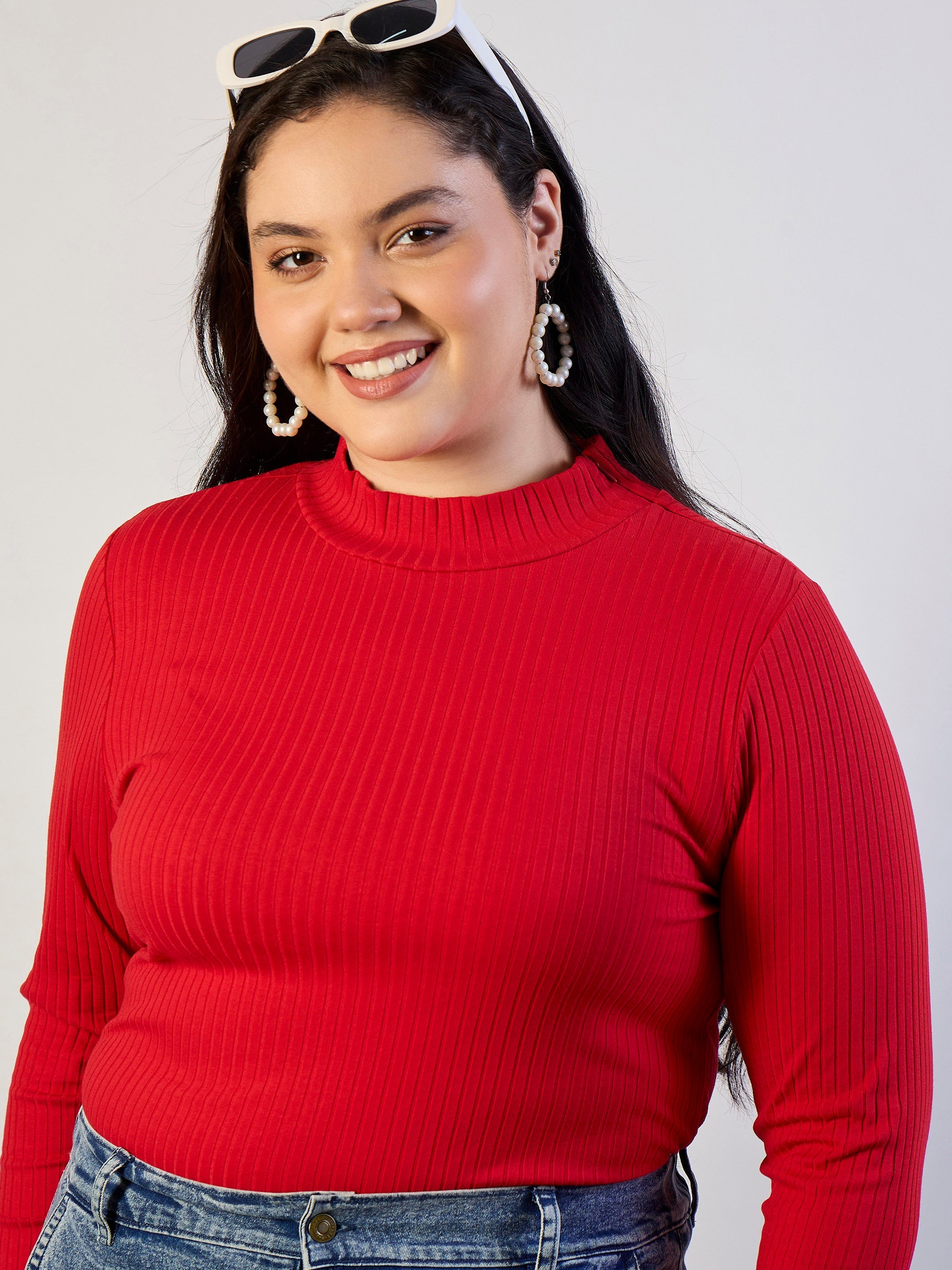 Women Red High Neck Rib Top-SFTOPS42471