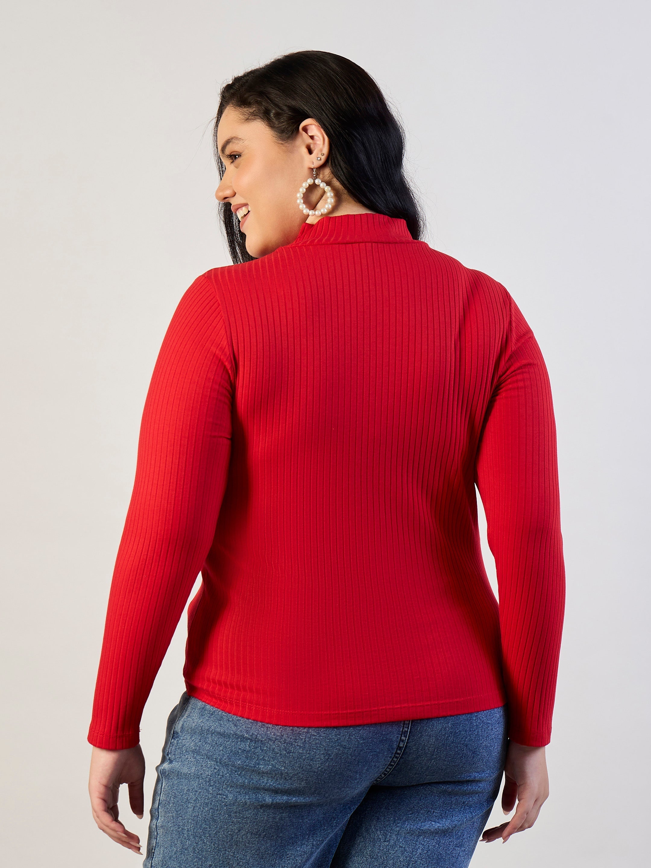 Women Red High Neck Rib Top-SFTOPS42471