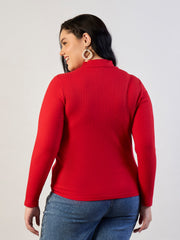Women Red High Neck Rib Top-SFTOPS42471