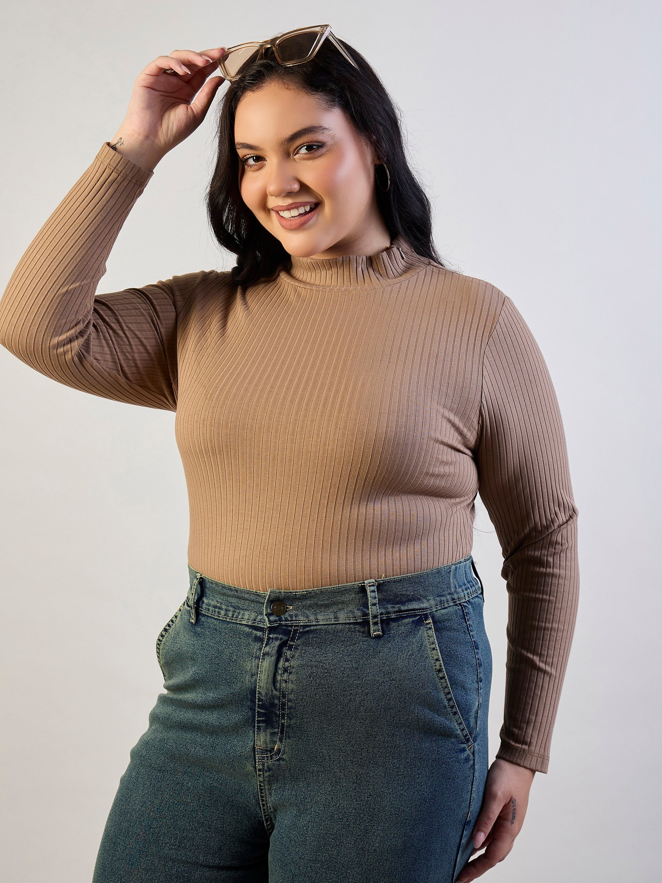 Women Beige High Neck Rib Top-SFTOPS42472