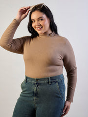 Women Beige High Neck Rib Top-SFTOPS42472