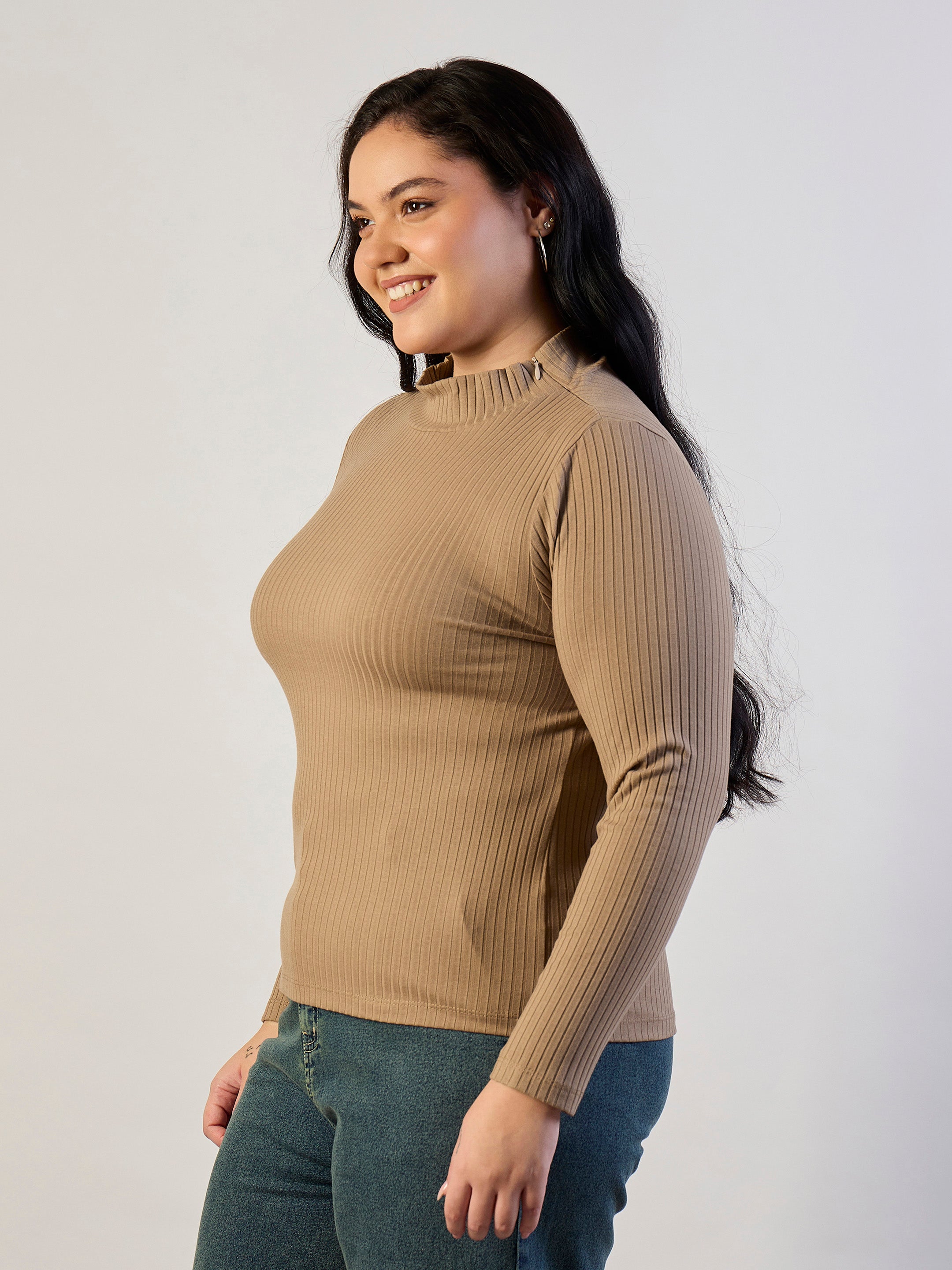 Women Beige High Neck Rib Top-SFTOPS42472