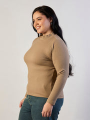 Women Beige High Neck Rib Top-SFTOPS42472