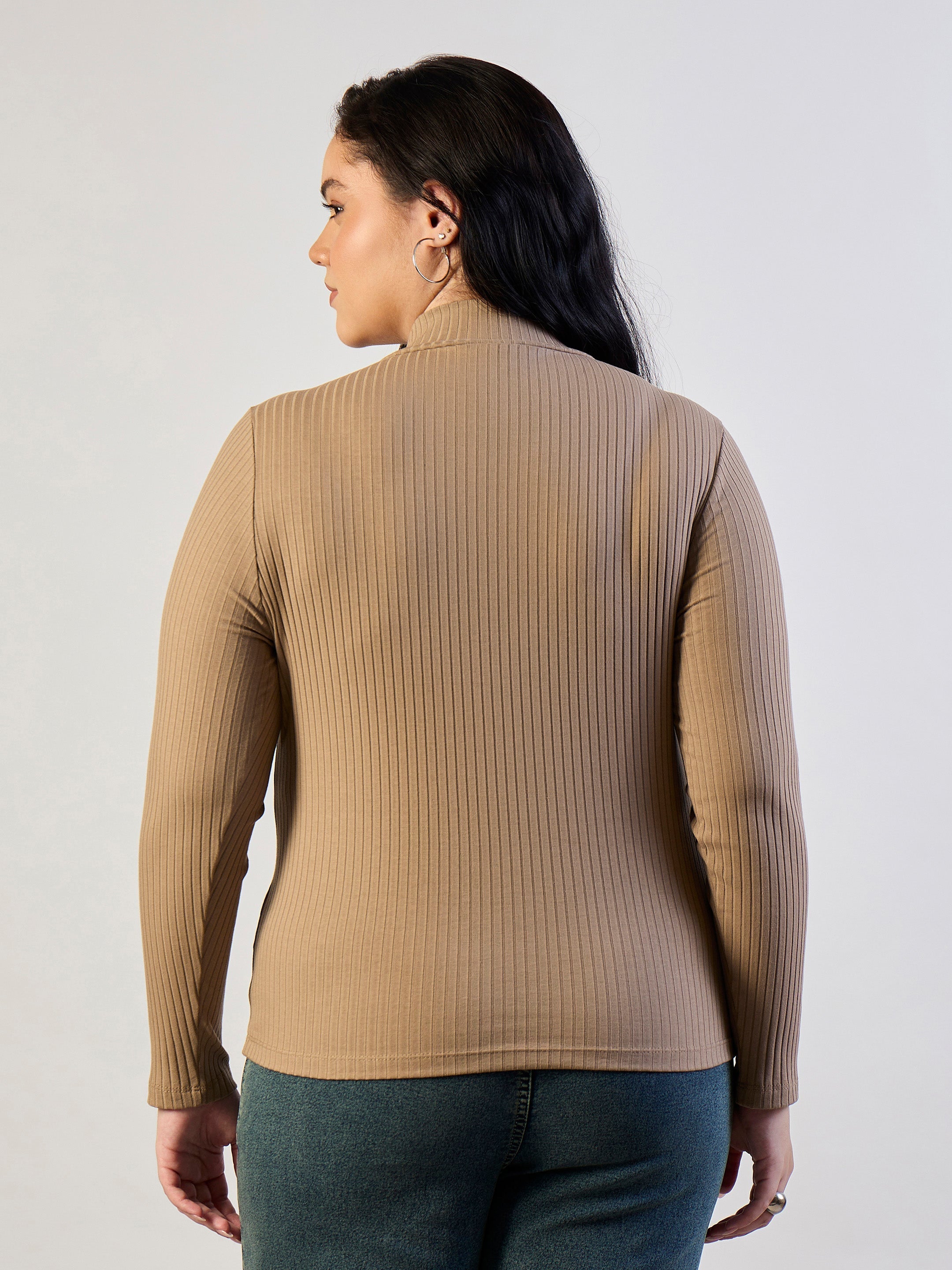 Women Beige High Neck Rib Top-SFTOPS42472