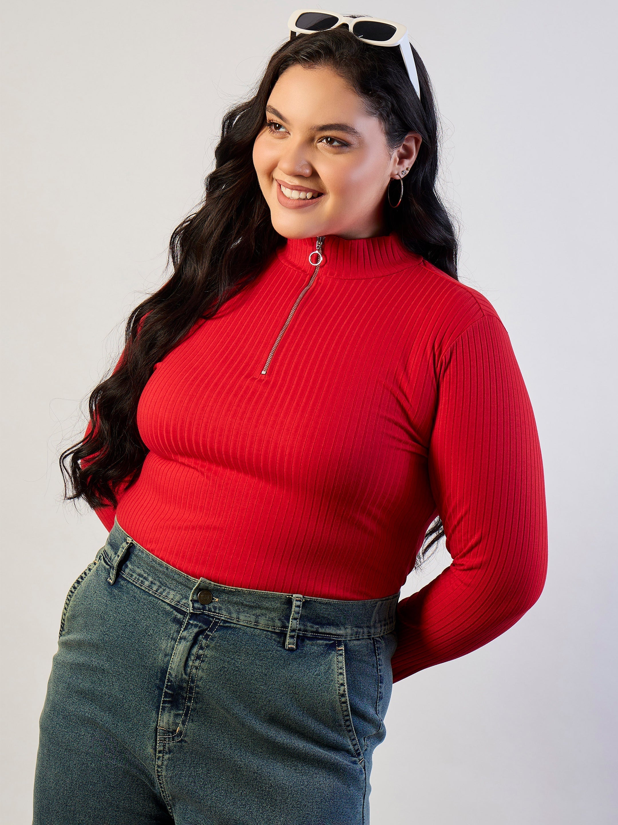 Women Red Rib Front Zipper Top-SFTOPS42473
