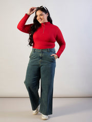 Women Red Rib Front Zipper Top-SFTOPS42473