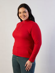 Women Red Rib Front Zipper Top-SFTOPS42473