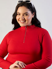 Women Red Rib Front Zipper Top-SFTOPS42473