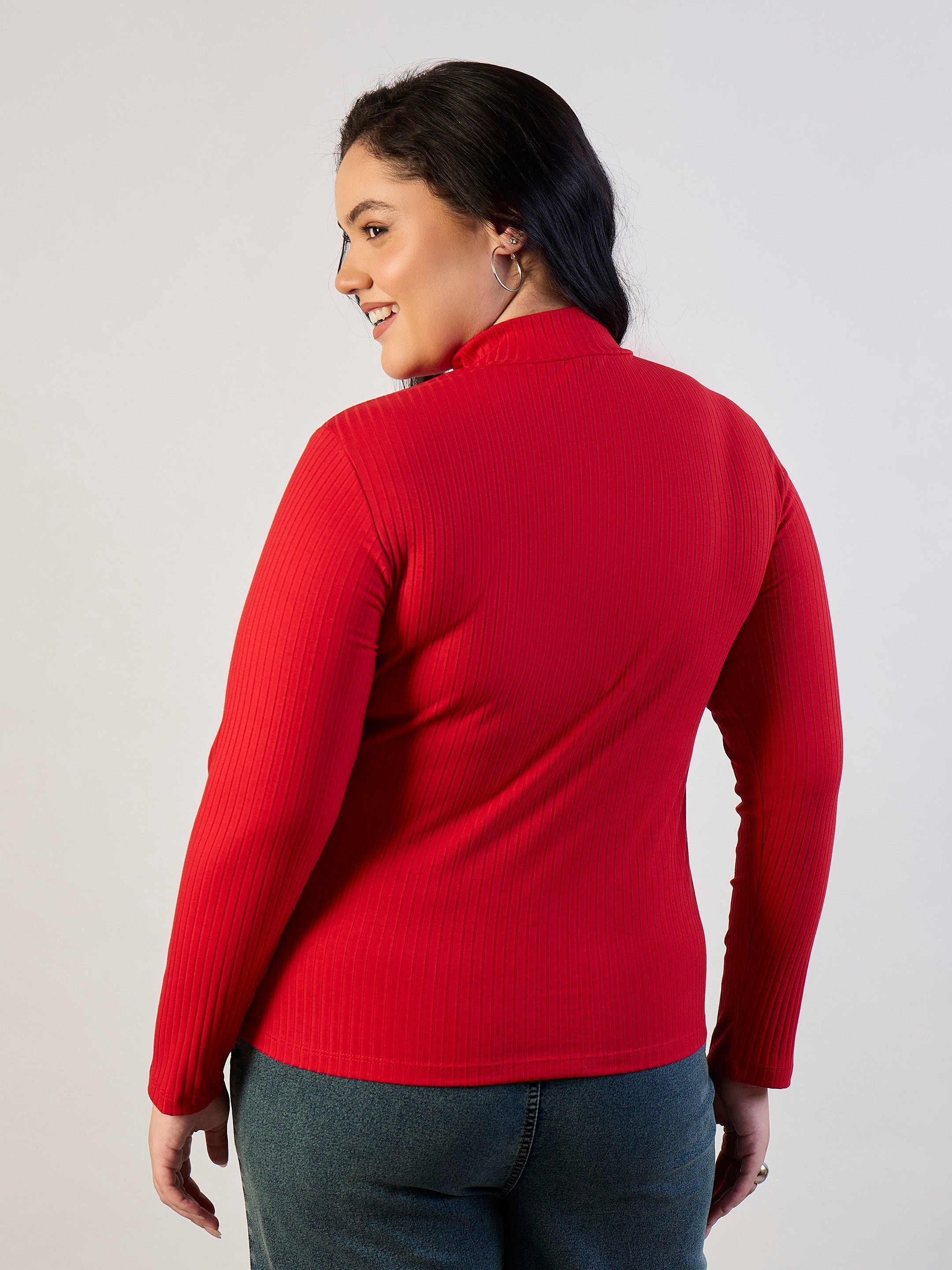 Women Red Rib Front Zipper Top-SFTOPS42473