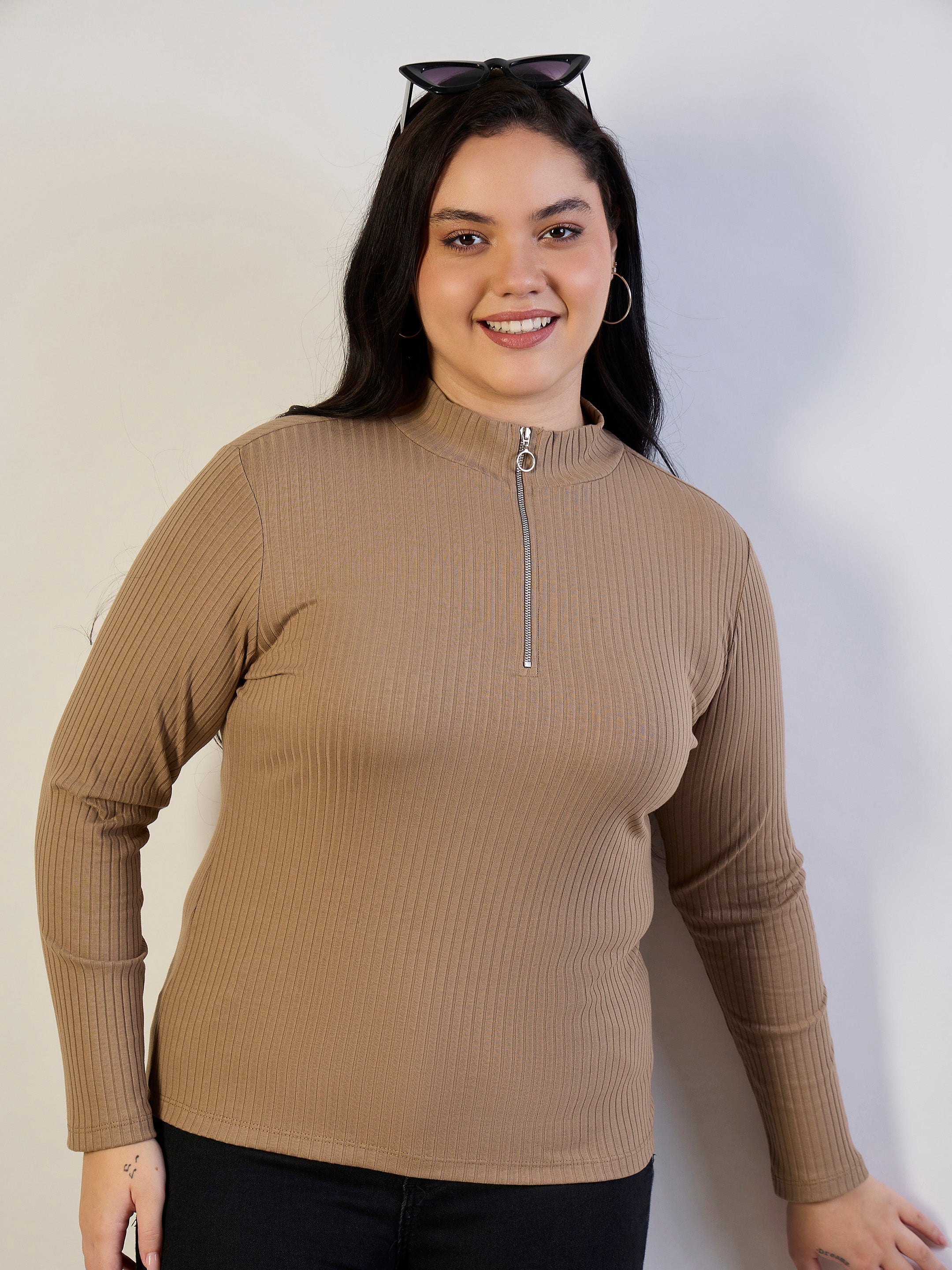 Women Beige Rib Front Zipper Top-SFTOPS42474