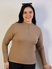 Women Beige Rib Front Zipper Top-SFTOPS42474