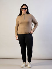 Women Beige Rib Front Zipper Top-SFTOPS42474
