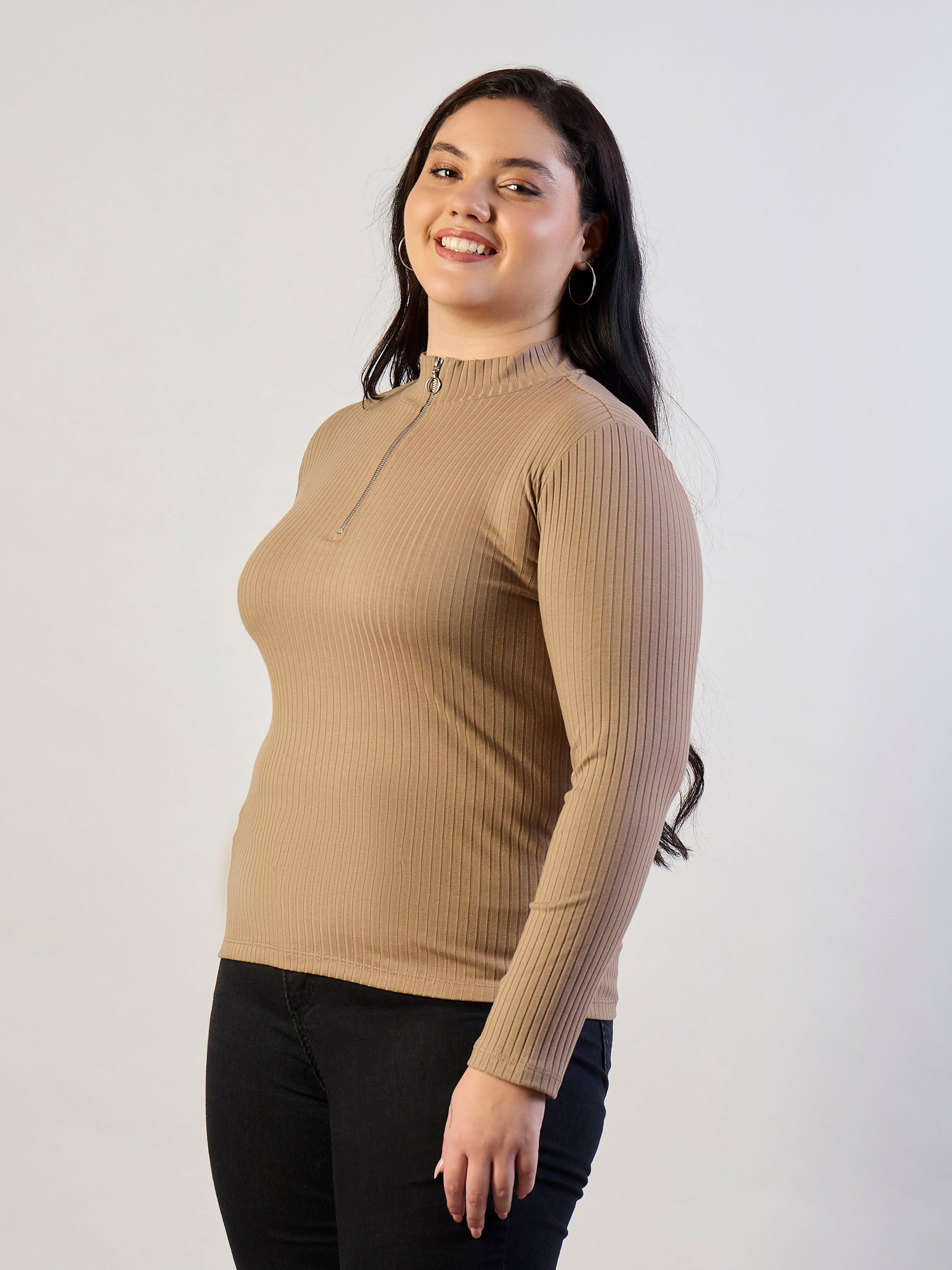 Women Beige Rib Front Zipper Top-SFTOPS42474