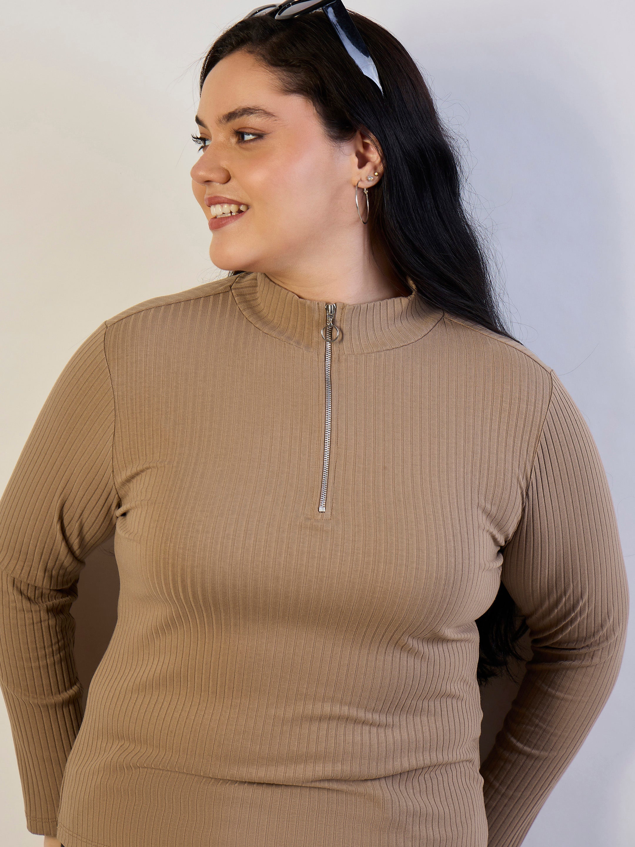 Women Beige Rib Front Zipper Top-SFTOPS42474