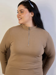 Women Beige Rib Front Zipper Top-SFTOPS42474