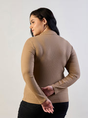 Women Beige Rib Front Zipper Top-SFTOPS42474