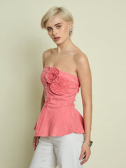 Women Pink Denim Corsage Button Down Top-SFTOPS42475