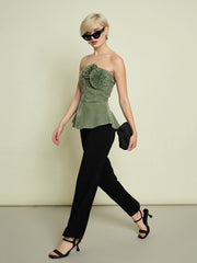 Women Olive Denim Corsage Button Down Top-SFTOPS42476