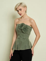 Women Olive Denim Corsage Button Down Top-SFTOPS42476