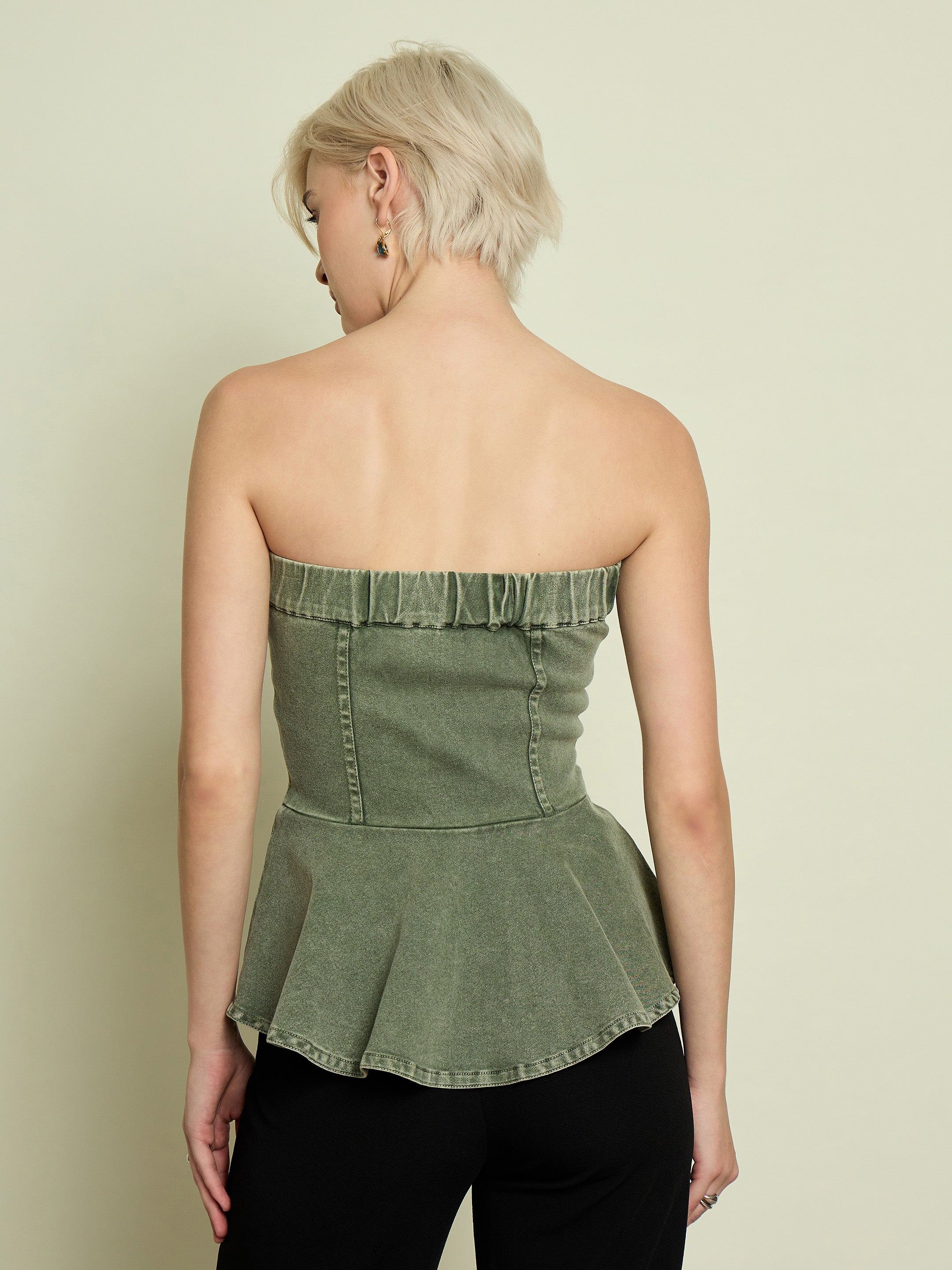 Women Olive Denim Corsage Button Down Top-SFTOPS42476