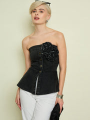 Women Black Denim Corsage Button Down Top-SFTOPS42477