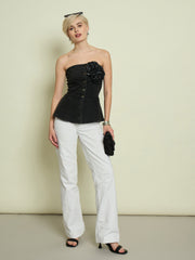 Women Black Denim Corsage Button Down Top-SFTOPS42477