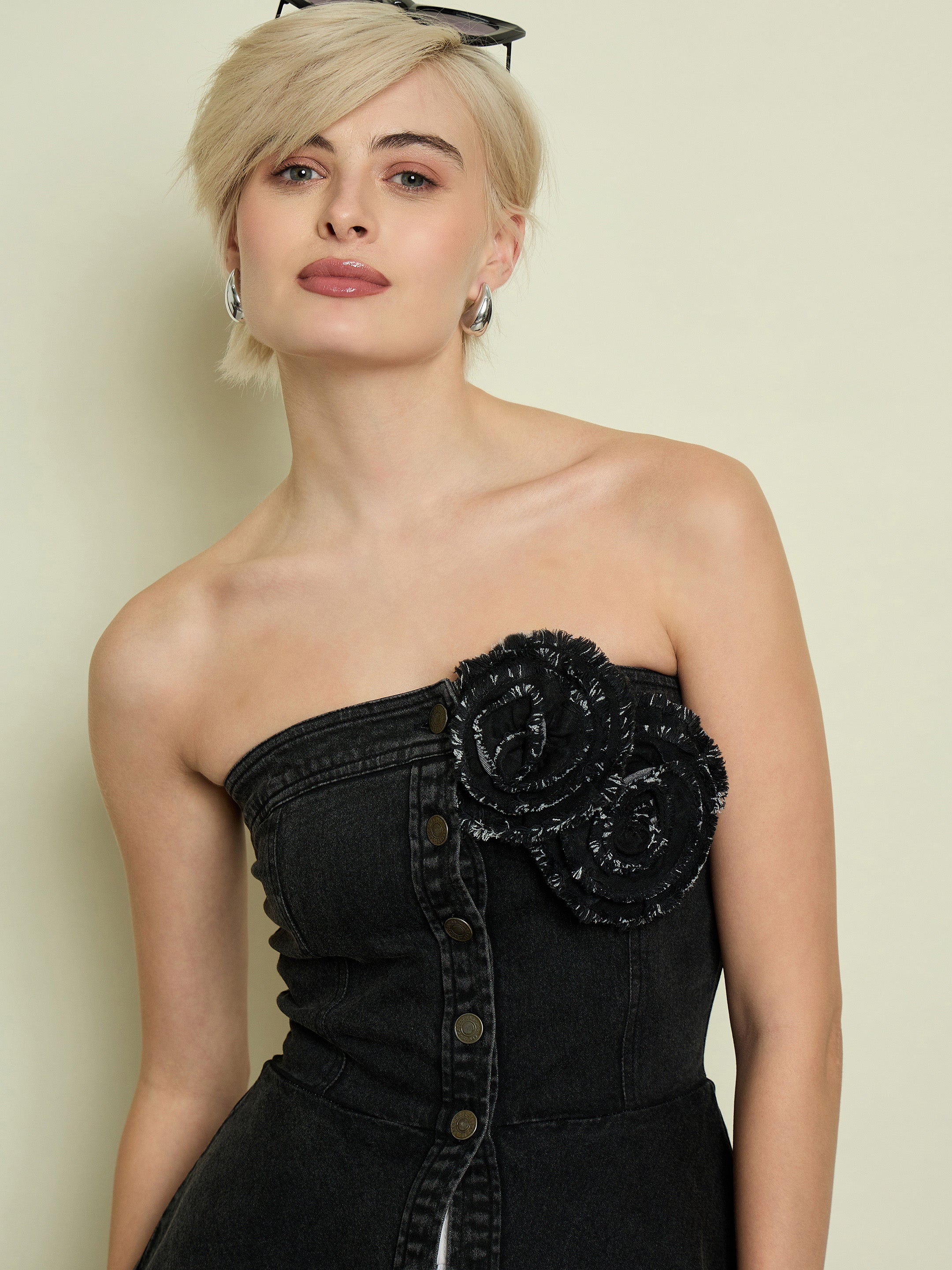 Women Black Denim Corsage Button Down Top-SFTOPS42477
