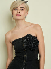 Women Black Denim Corsage Button Down Top-SFTOPS42477