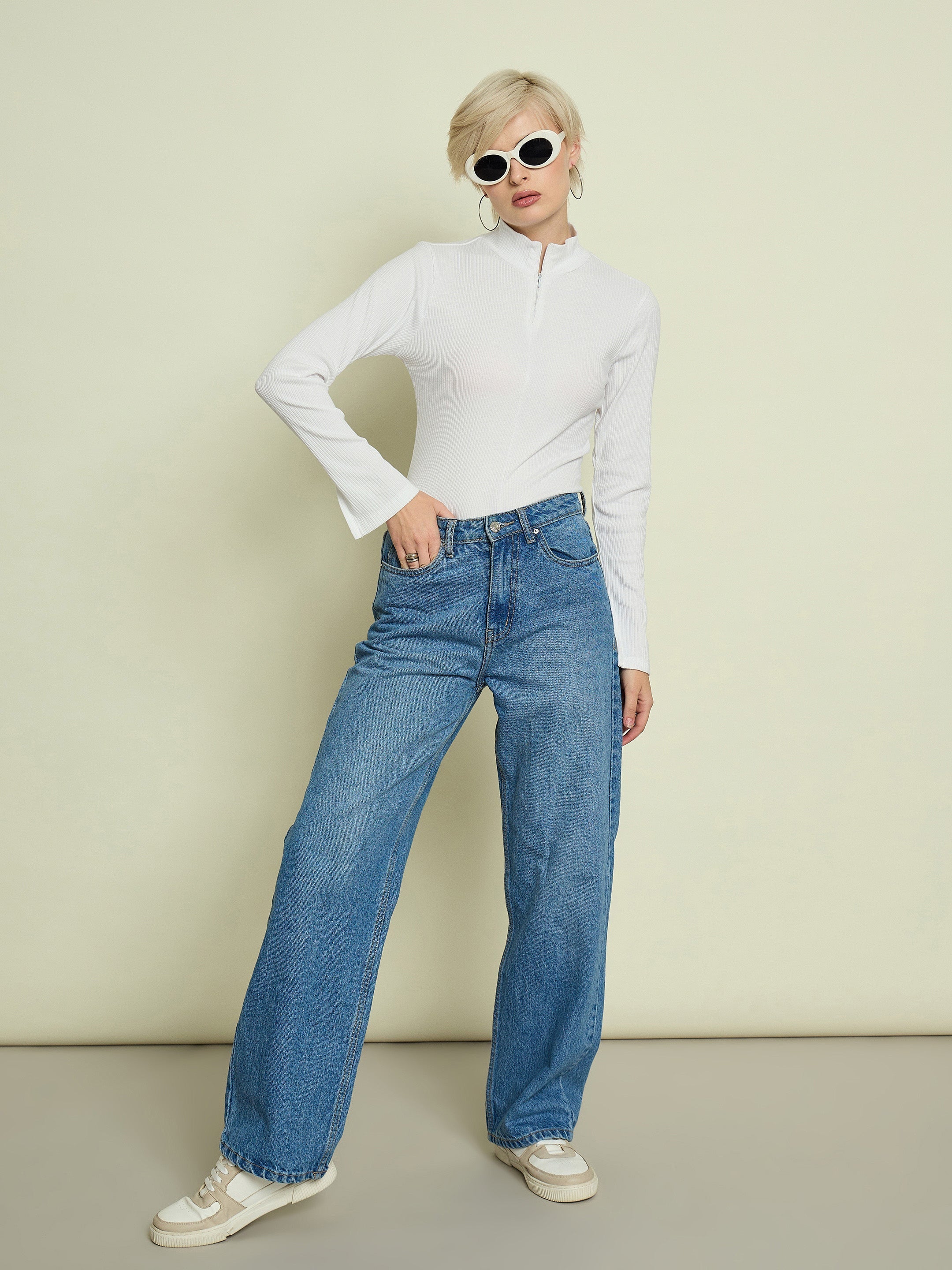 Women White Rib High Neck Front Zipper Top-SFTOPS42478