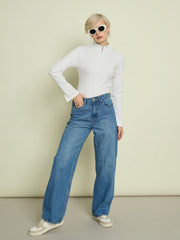Women White Rib High Neck Front Zipper Top-SFTOPS42478