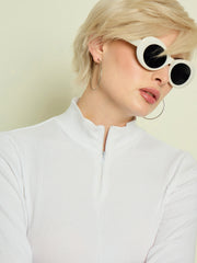 Women White Rib High Neck Front Zipper Top-SFTOPS42478