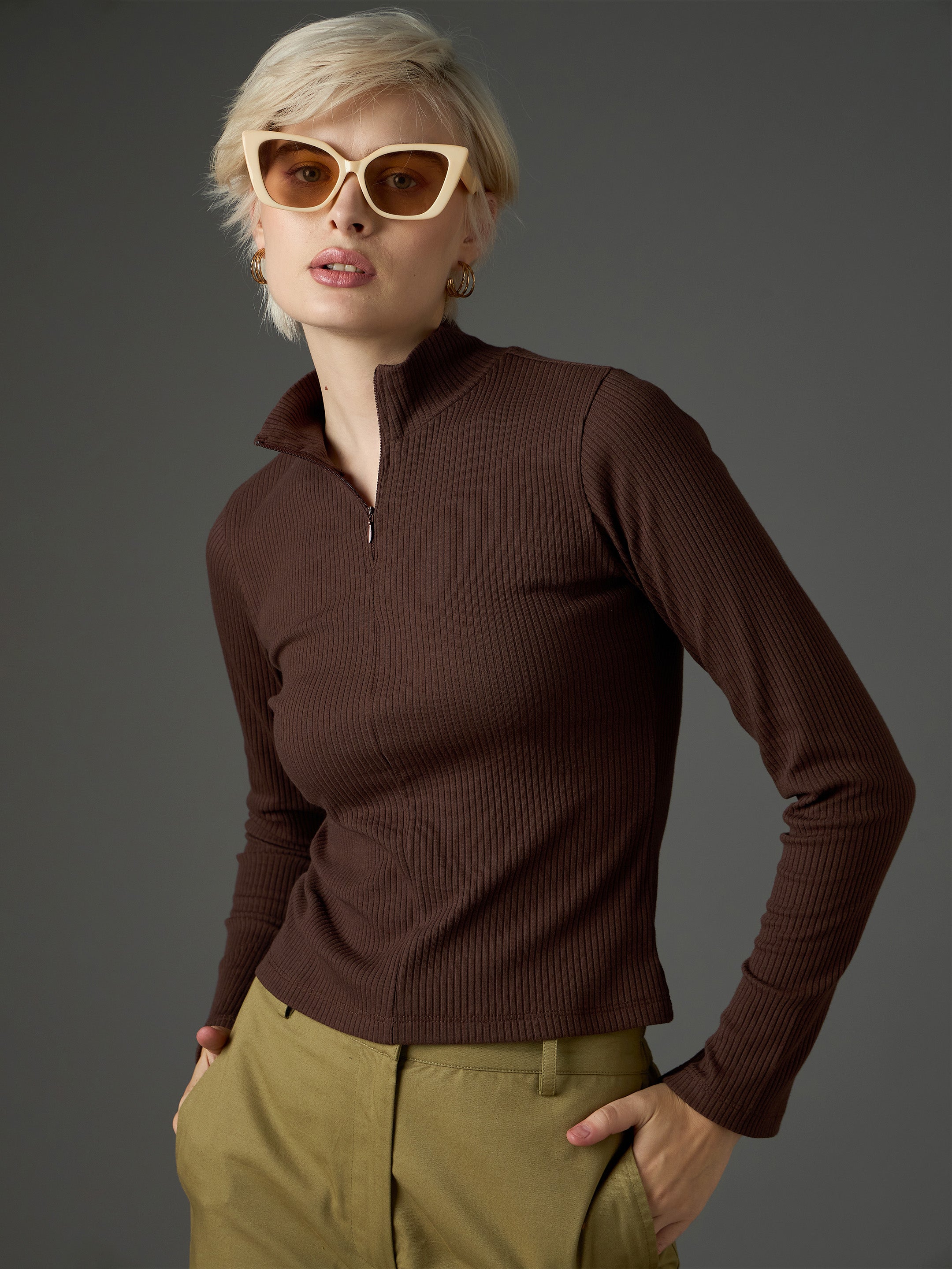 Women Dark Brown Rib High Neck Front Zipper Top-SFTOPS42479