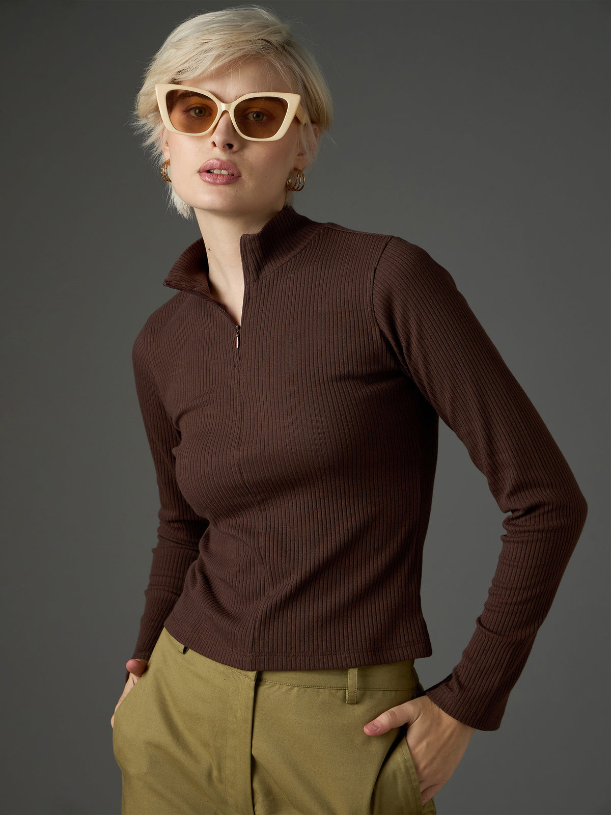 Women Dark Brown Rib High Neck Front Zipper Top-SFTOPS42479