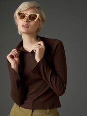 Women Dark Brown Rib High Neck Front Zipper Top-SFTOPS42479