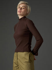Women Dark Brown Rib High Neck Front Zipper Top-SFTOPS42479