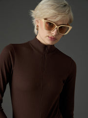 Women Dark Brown Rib High Neck Front Zipper Top-SFTOPS42479