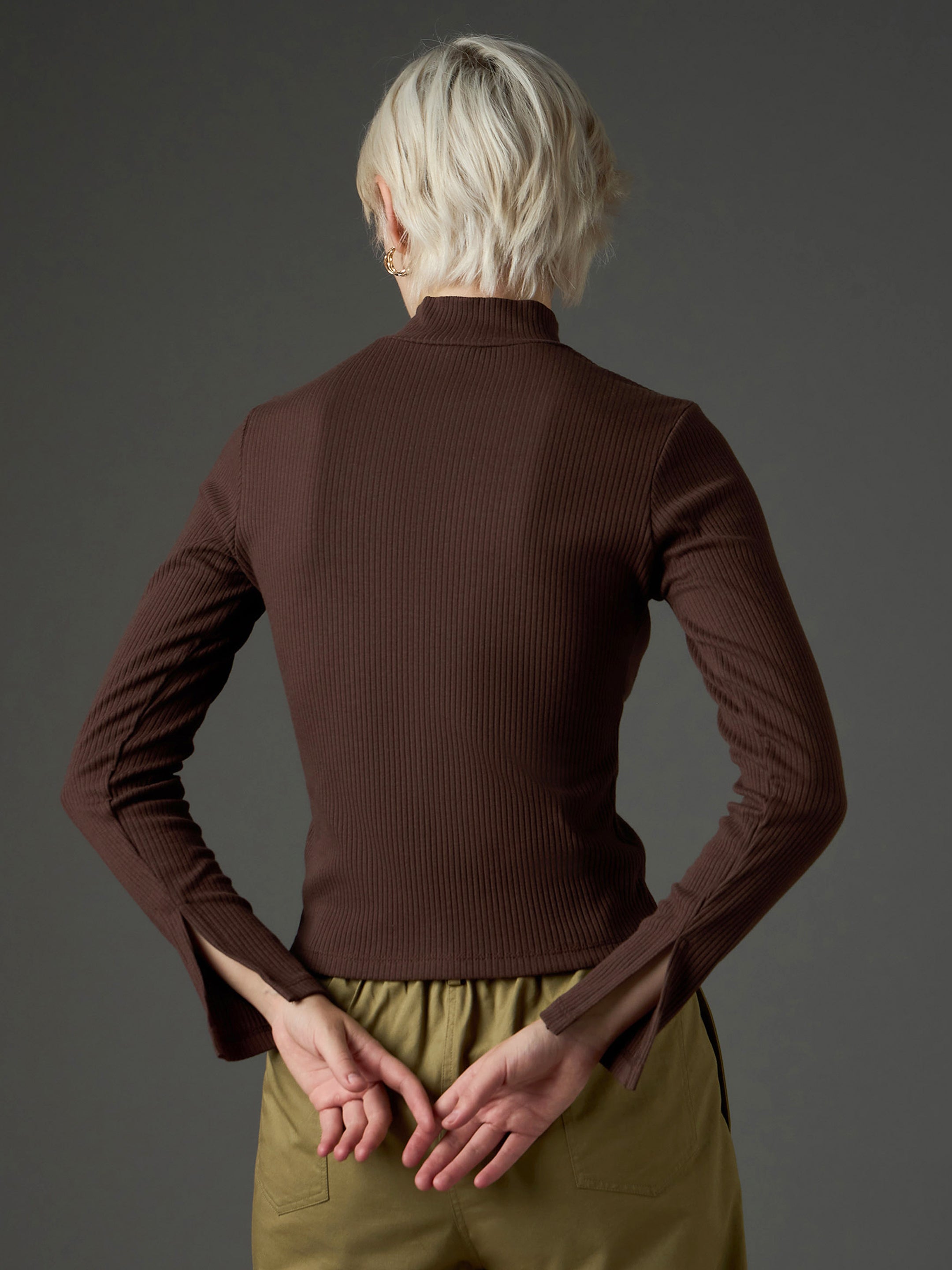 Women Dark Brown Rib High Neck Front Zipper Top-SFTOPS42479